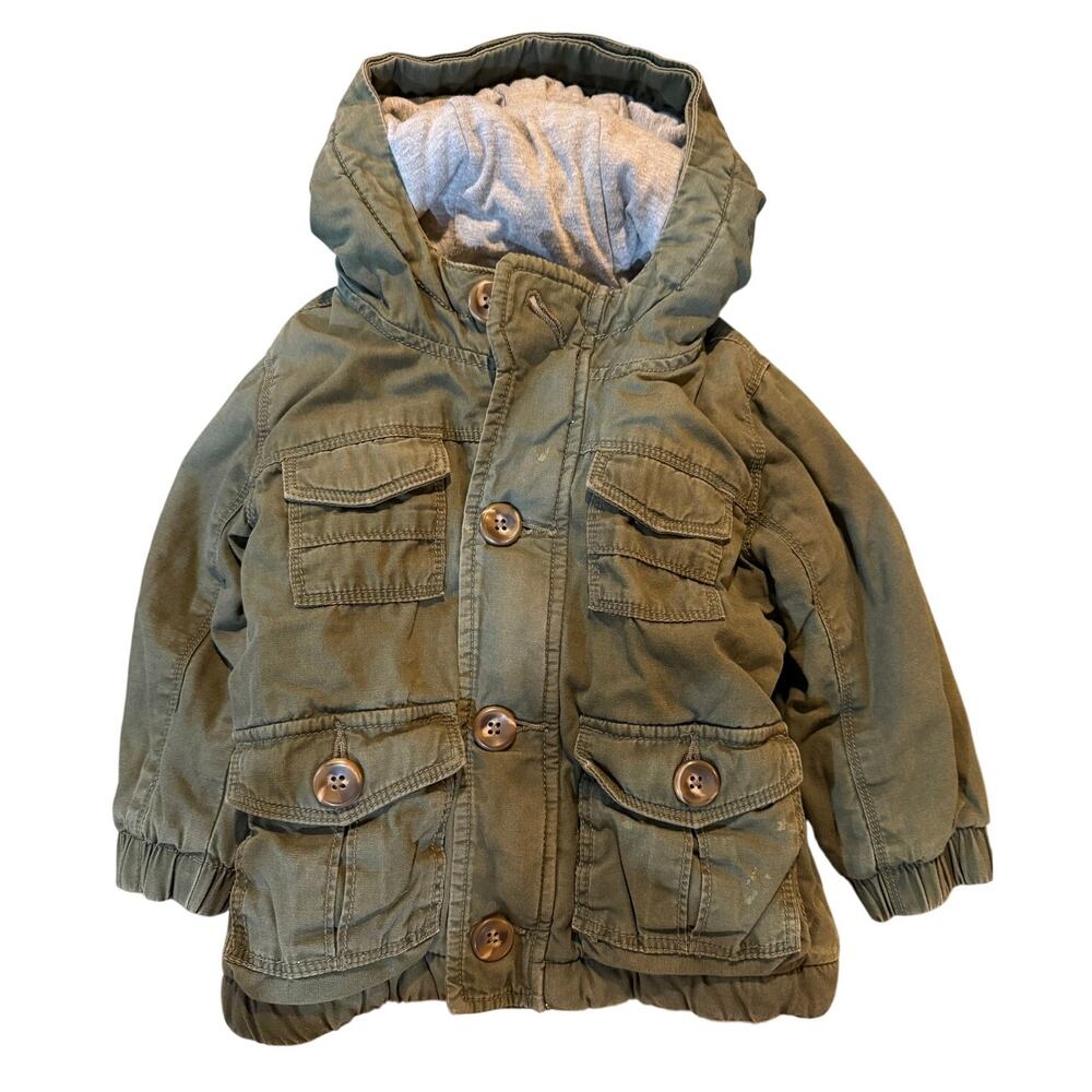 Old Navy Olive Green Hooded Utility Toddler Jacket Button up lined 18-24 months